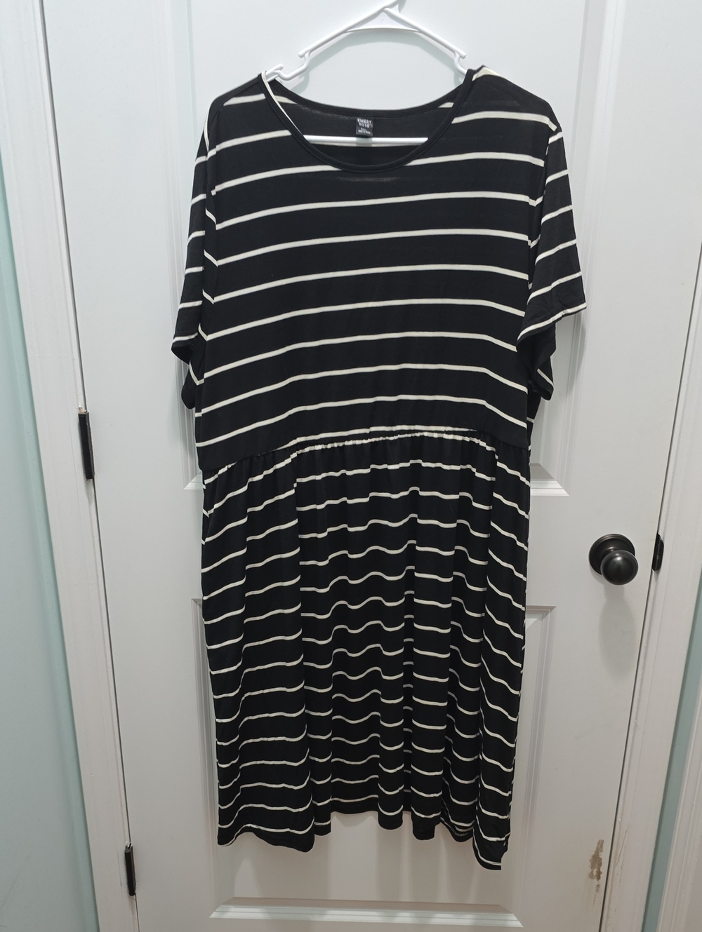 Black and White Striped Midi Dress with Gathered Waist